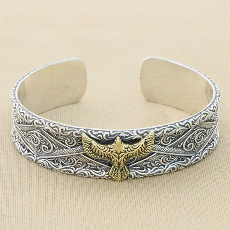 Mighty Eagle Sterling Silver Bracelet for Men's Trendy Fashion Eagle Head Flying Eagle Wings Handicraft Indian Eagle Silver Brac