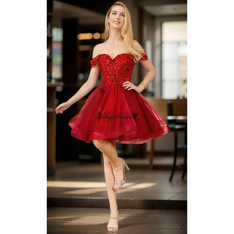 الدانتيل كوكتيل فستان قصير فساتين النادي بريق تول يزين فساتين العودة للوطن للمراهقين مطرز قبالة الكتف فساتين حفلة موسيقية قصيرة