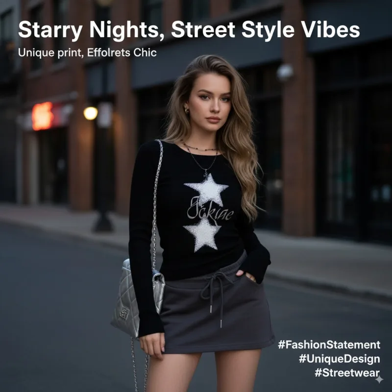 Star English Top Girls Y2K Printed American Retro Splicing Threaded T-shirt Women Autumn Bottom Shirt Hot Girl Long Sleeve Top