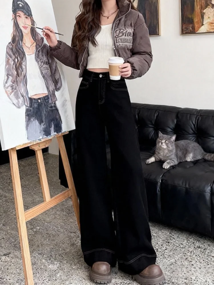 جينز Bla Fce مبطن بأرجل واسعة سروال نسائي شتوي للتخسيس للجسم على شكل كمثرى عالي الخصر من قماش الدنيم الأمريكي