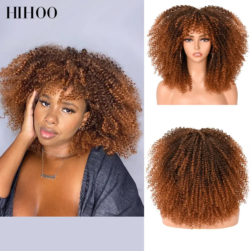 Korte Haar Afro Kinky Krullend Pruiken Met Pony Voor Zwarte Vrouwen Natuurlijke Synthetische Ombre Lijmloze Blonde Roze Rood Cosplay 16''