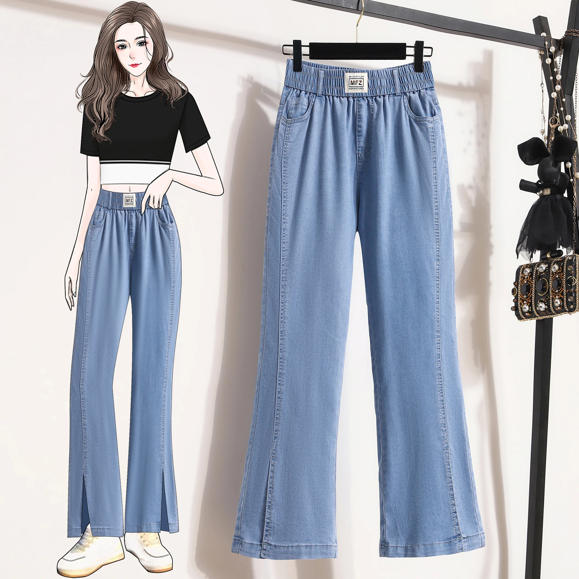 Summer Thin Ice Silk Wide Leg Micro Flared Jeans Women's Natural Waist  Denim Pants Slimming Large Size Blue