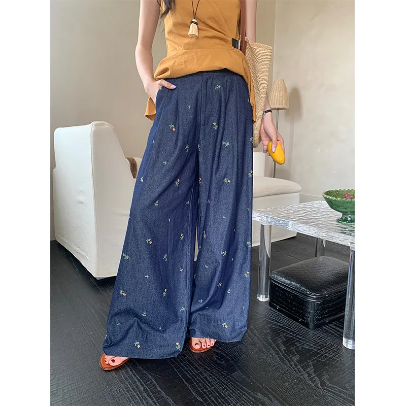 

2025 New Summer Retro Loose Trousers High-waisted Jeans Baggy Slimming Embroidered Flower Versatile Denim Wide-leg Pants