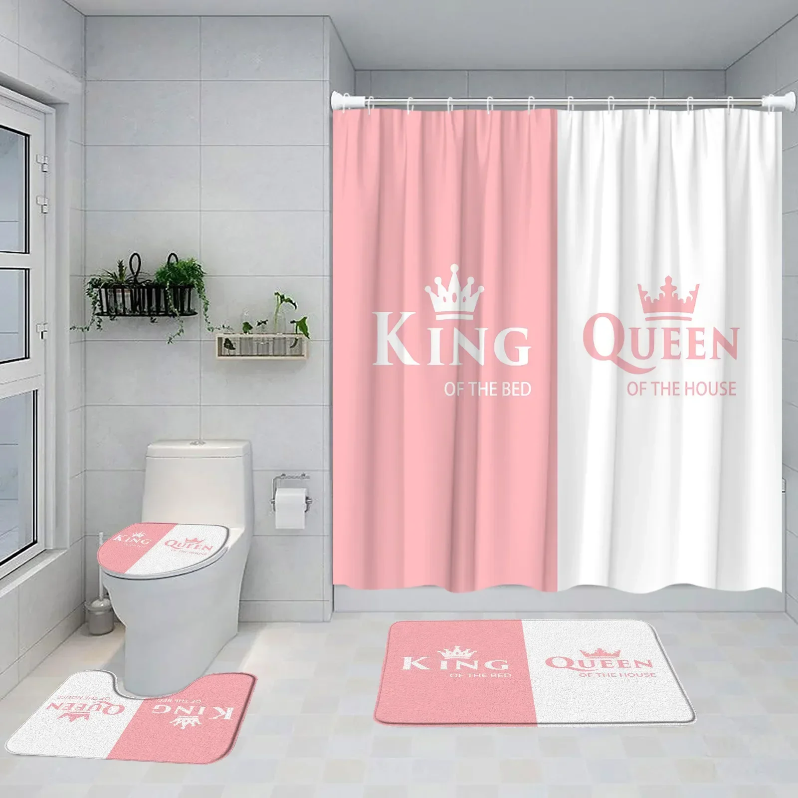 Crown Queen and King Shower Curtain Set Black White Pink Red Background Mrs Mr Right Couple Lover Bathtub Rug Toilet Seat Cover