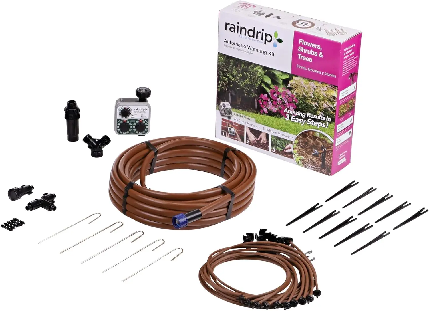 

Automatic Drip Irrigation Kit with Timer for Flowers, Shrubs, Trees - Waters 10 Plants, Customizable Settings