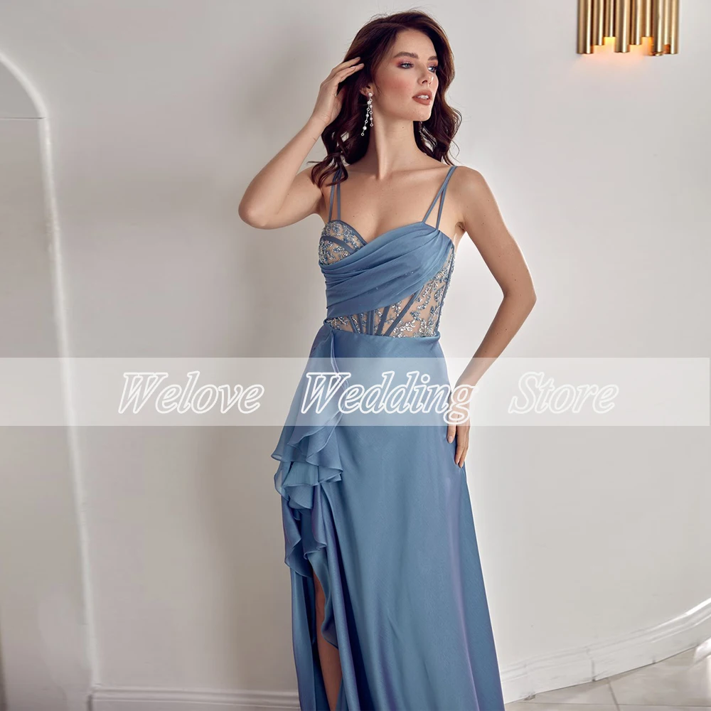 Abiti da sera Casual blu chiaro Ruffles Sheer Spaghetti Straps abito da sposa estivo per donna Beach Celebrity Vestidos