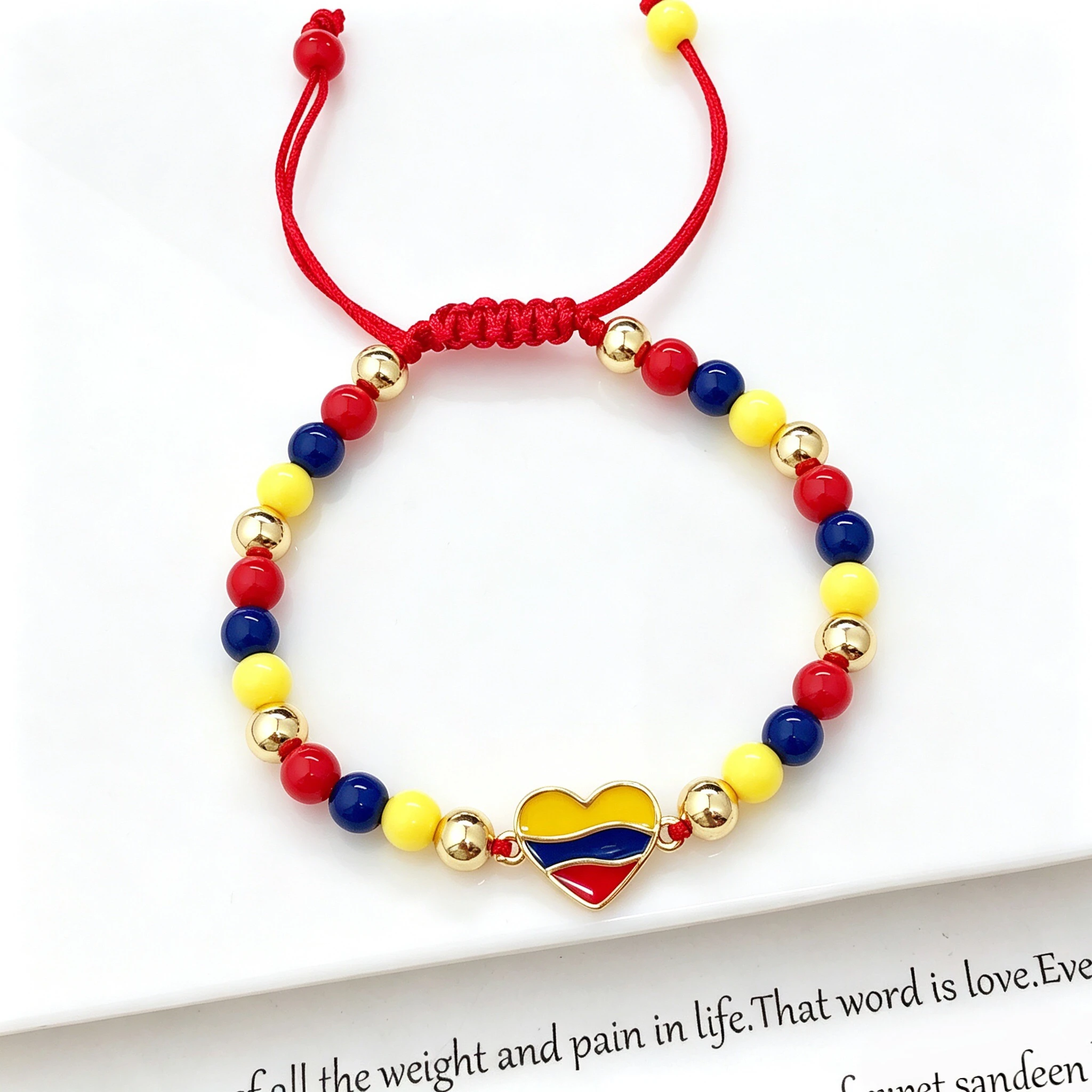 Lucky Red Cord-Braided Venezuela Colombia Flag Bracelet Adjustable Beaded Patriotic Gold Plated Enamel Jewelry for Men Women