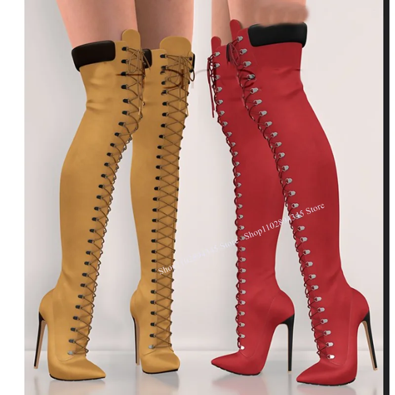 

Yellow Lace Up Over Knee High Boots Pointed Toe Thin High Heel Fashion Sexy 2025 Winter Big Size Woman Shoes Zapatillas Mujer