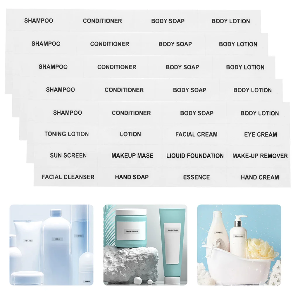 

Clear Bathroom Labels Waterproof Refillable Bottle Stickers for Lotion Cream Shampoo Travel Bottles 12 Sheets