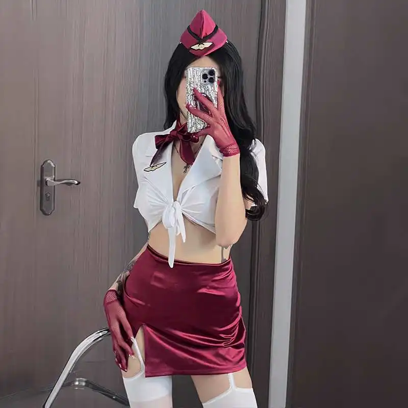 Wholesale Women\'s Sexy Two Pieces Roleplay Air Hostess Uniform Adult Lady Halloween Party Cosplay Costumes Naugty Fliter Outfits
