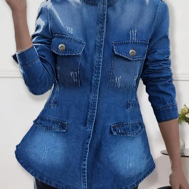 

Sexy Zipper Denim Jaet ort Sve Collar Trendy Youth Sle Autumn Season Wide Fit No Brand Faion Outerwear