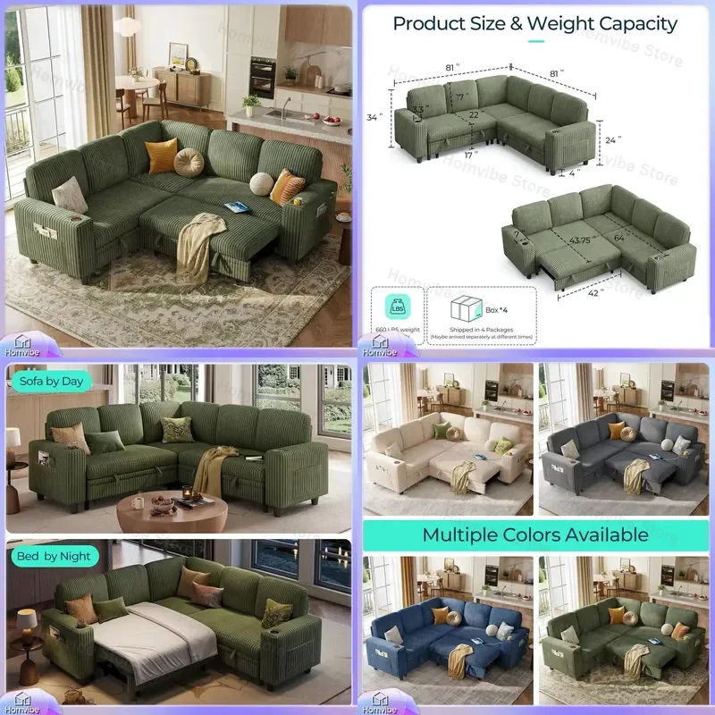 

Convertible Sleeper Sectional Sofa with Storage Chaise USB Ports Pull Out Bed Plush Corduroy Couch for Living Room Modern