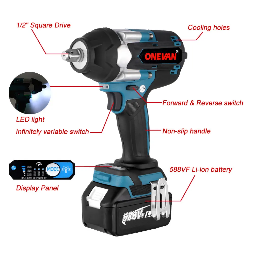 ONEVAN 1800N.M Torque Brushless Electric Wrench 1/2 Inch  Cordless Impact Wrench DTW700 Power Tool For Makita 18V Battery