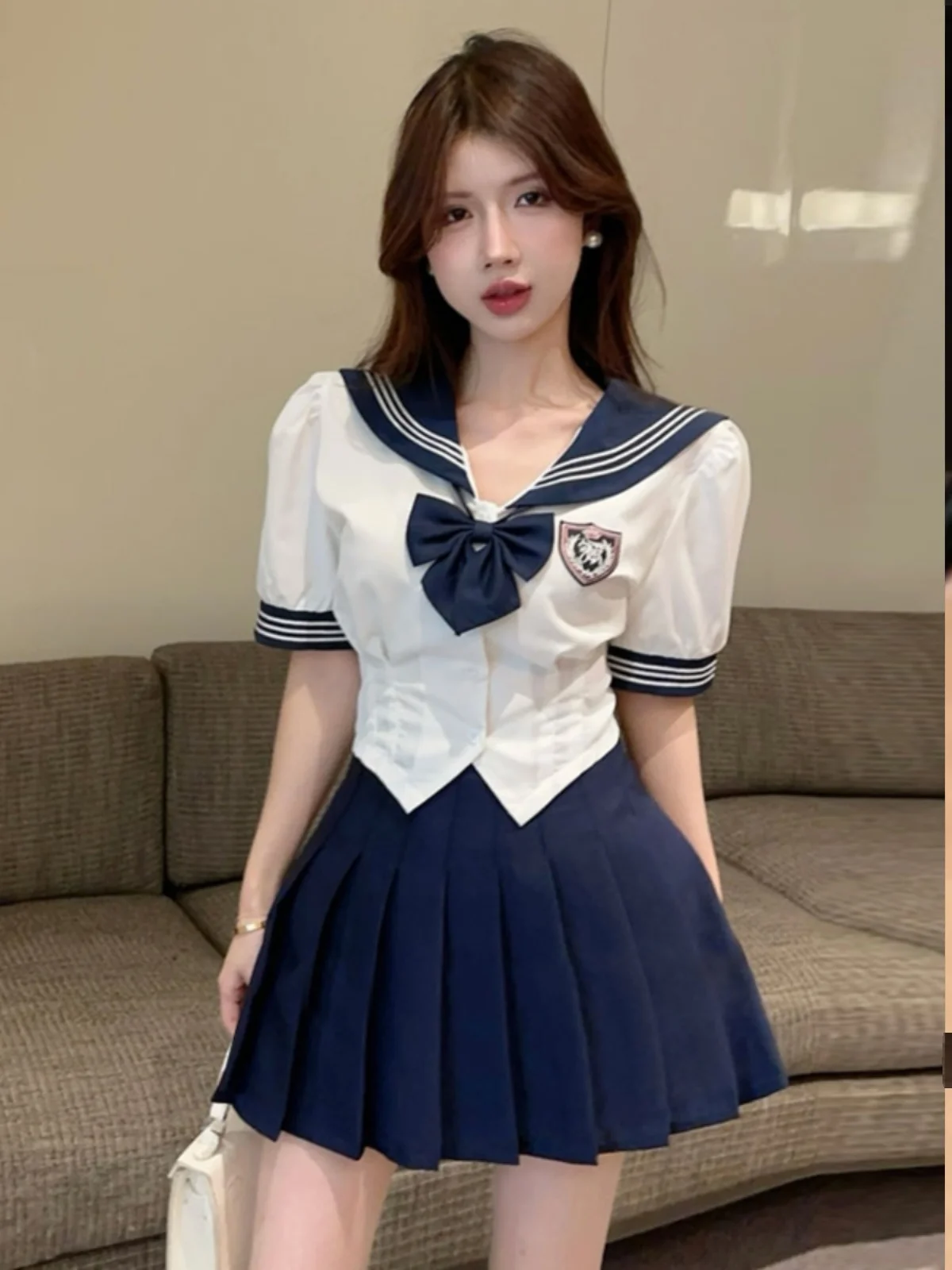 

Военно-морской воротник ort Sve Плиссированная юбка с высокой талией Комплект из двух предметов School orm Sle Faionable Молодежный шкаф acie