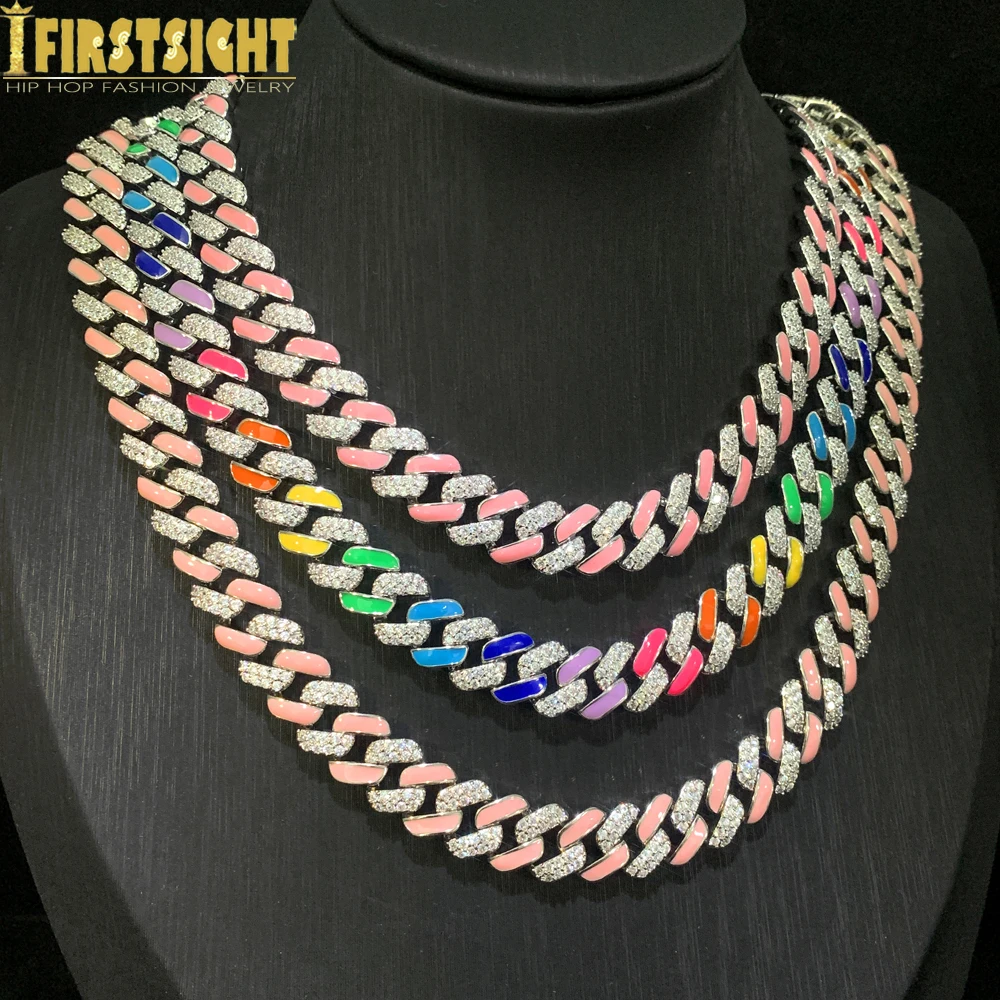 New Neon Pink Colorful Enamel 11mm Miami Cuban Link Chain Choker Ice Out Bling Cz Women Necklace Colorful Cz Hip Hop Jewelry