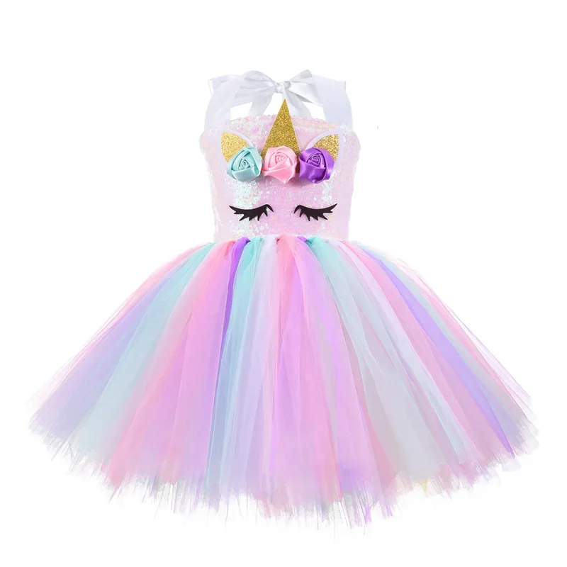 Children Cosplay Costume Unicorn Birthday Party Gift Tutu Evening Dress for Girls Sequin Cake Clothing Kids Pink Dresses