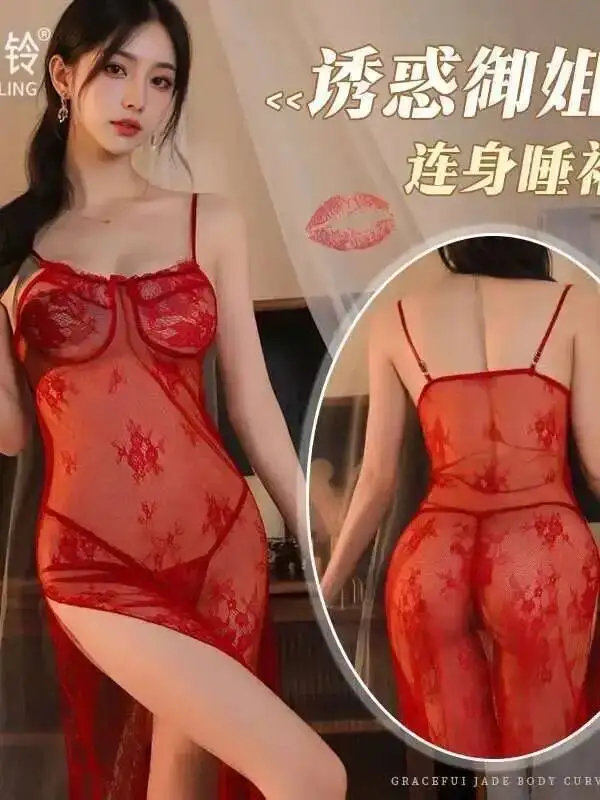 Sexy Strap Nightdress Lace Pattern Erotic Mesh Lace Nightclub Queen Dress Elegant Mesh Lace Sheer Sweet Women Dresses 2025 OPJ8