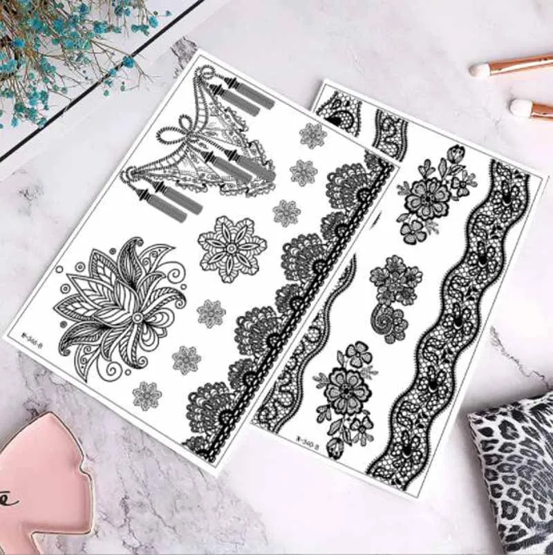 Black Henna Tattoo Stickers Women Sexy Water Transfer Body Art Fake Tattoos Nightclub Makeup Party Lace Tattoo Decals Semi Tatto image 4