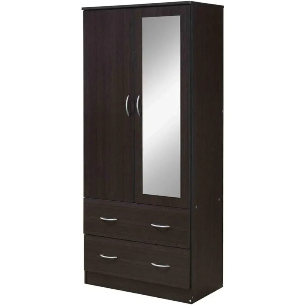 

2 Door Wood Wardrobe Bedroom Closet with Clothing Rod inside Cabinet, 2 Drawers for Storage and Mirror, Chocolate