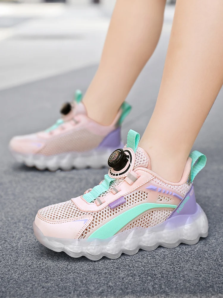 

Swivel Button Sneakers For Girl Kids 8-12 years old Hollow Mesh Pink Casual Shoes Summer Breathable Comfortable Tennis Boys 7-10