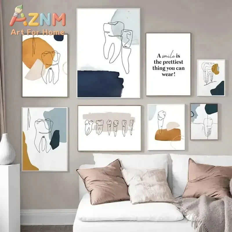 AZNM Abstract Tooth Line Art Canvas Wall Art Dental Clinic Decor Positive Quote Print Unframed Canvas Poster for Dentist Office