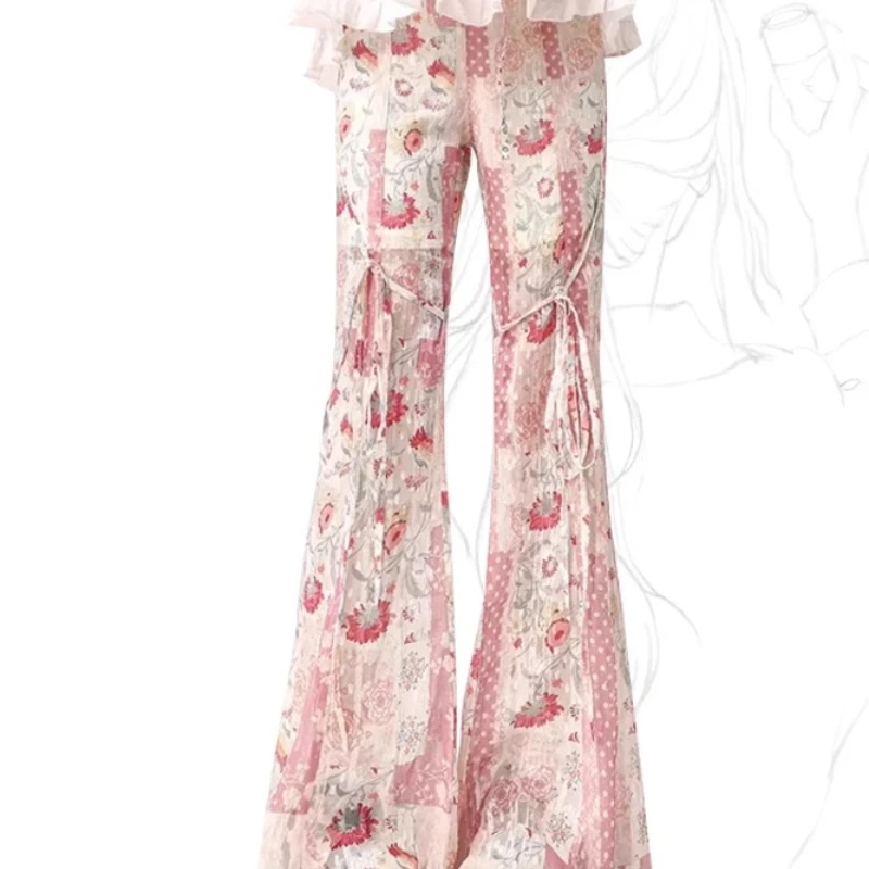 Original Design Design New Women's Trousers 2025 Summer Pink Ice Silk Casual Pants High Waist Versatile Thin Bell-bottoms Ladies