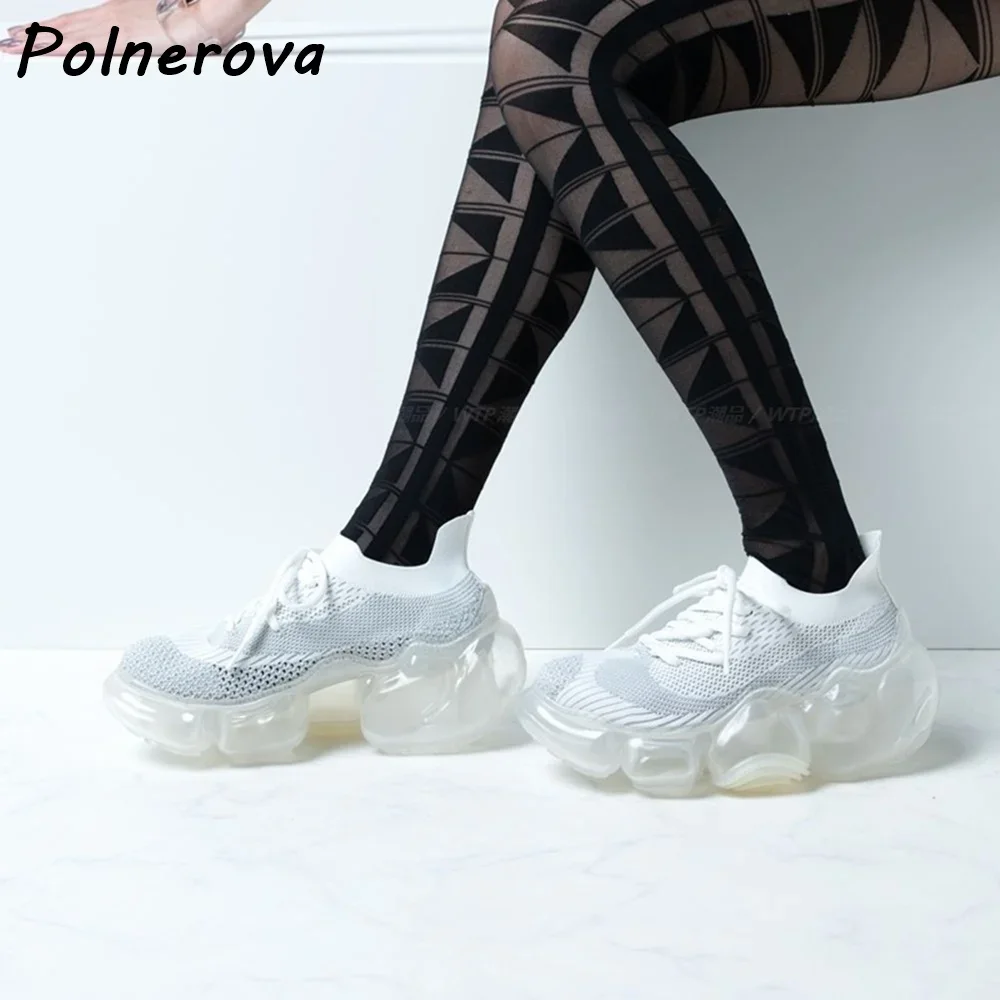 Bubble Heels Air Mesh Pumps Transparent Thick Soled High Increase Elastic Knit Fashion Shoes Women's Lovely Concise Shoes
