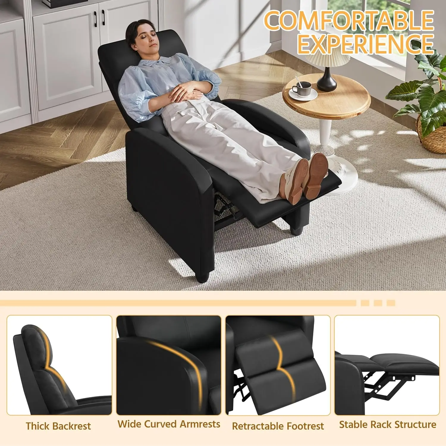 Fauteuil Inclinable en Cuir PU avec Support Lombaire, Canapé de Home Cinéma avec Poussée en Éponge Haute Densité, Plus de 197