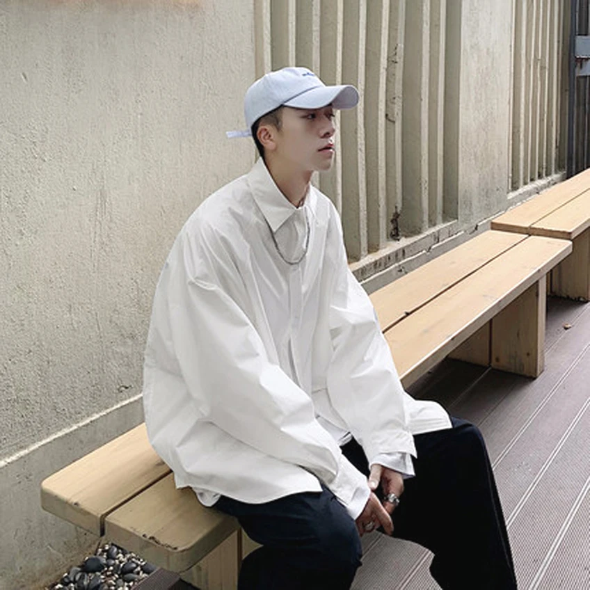 

Artistic Loose Long Sve Men's White irt Pure Color Design Sensation Hong Kong Sle Chic Pure Cotton Youth Faion Spring