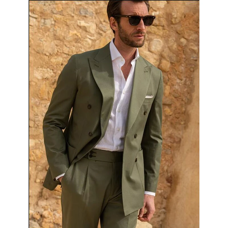 Latest Design Green Double Breasted Men Suit 2 Piece Sets Costume Homme Groom Tuxedo Formal Party Prom Business Blazer Pants Set