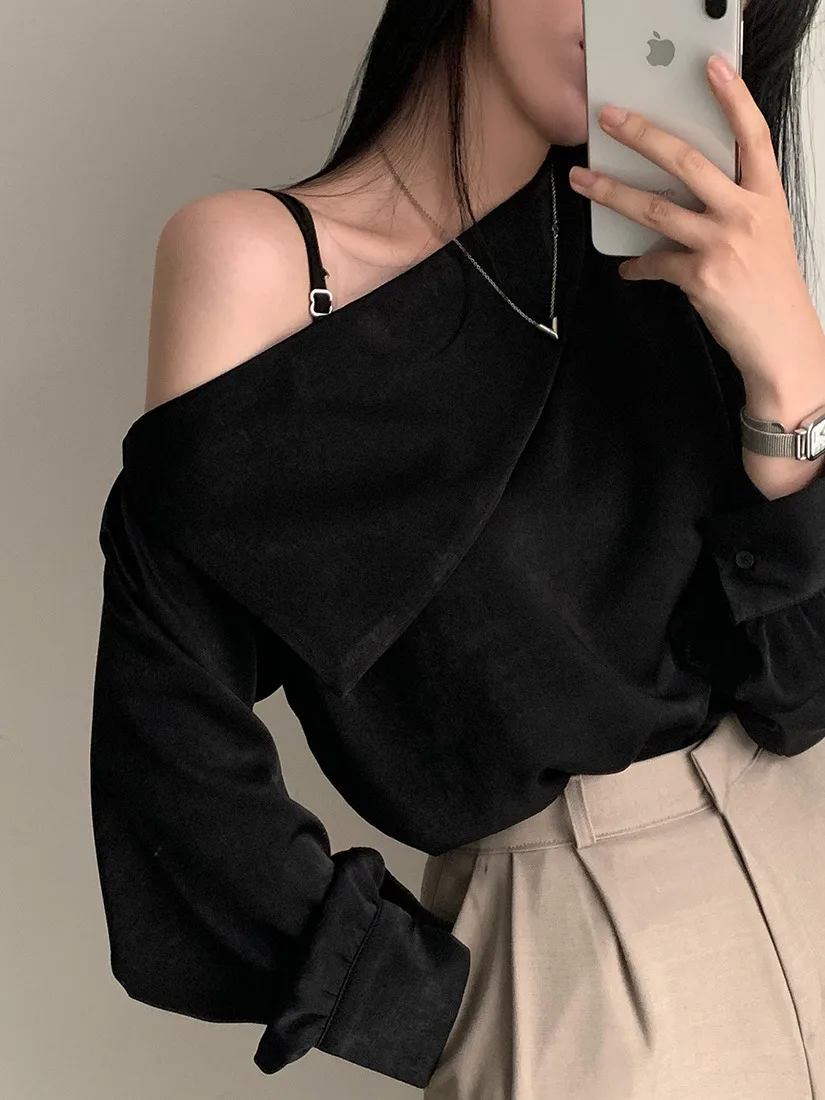 

Весенний дизайн, свободный женский длинный повседневный топ с одним ремешком и асимметричным воротником с острым воротником