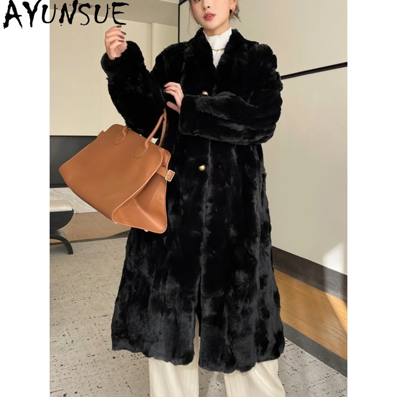 AYUNSUE ريكس معطف فرو الأرنب امرأة فاخرة 2025 جواكت شتوية امرأة منتصف طول المعاطف النسائية موضة ملابس امرأة كردنهكا Жénska
