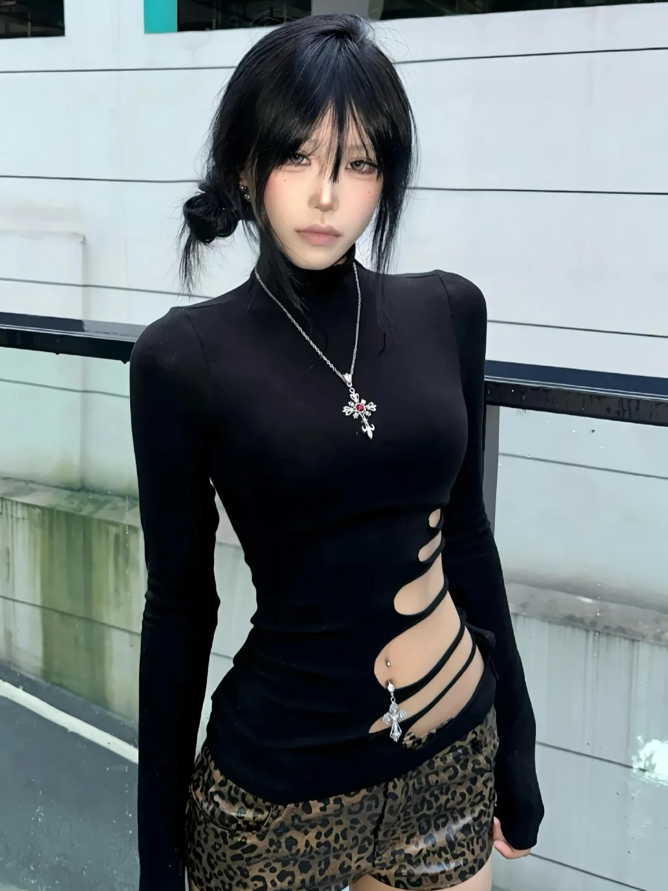 

Sexy American Long Sleeve T-Shirt Women's Autumn Winter New Hollow out Design Slimming Pure Desire Top