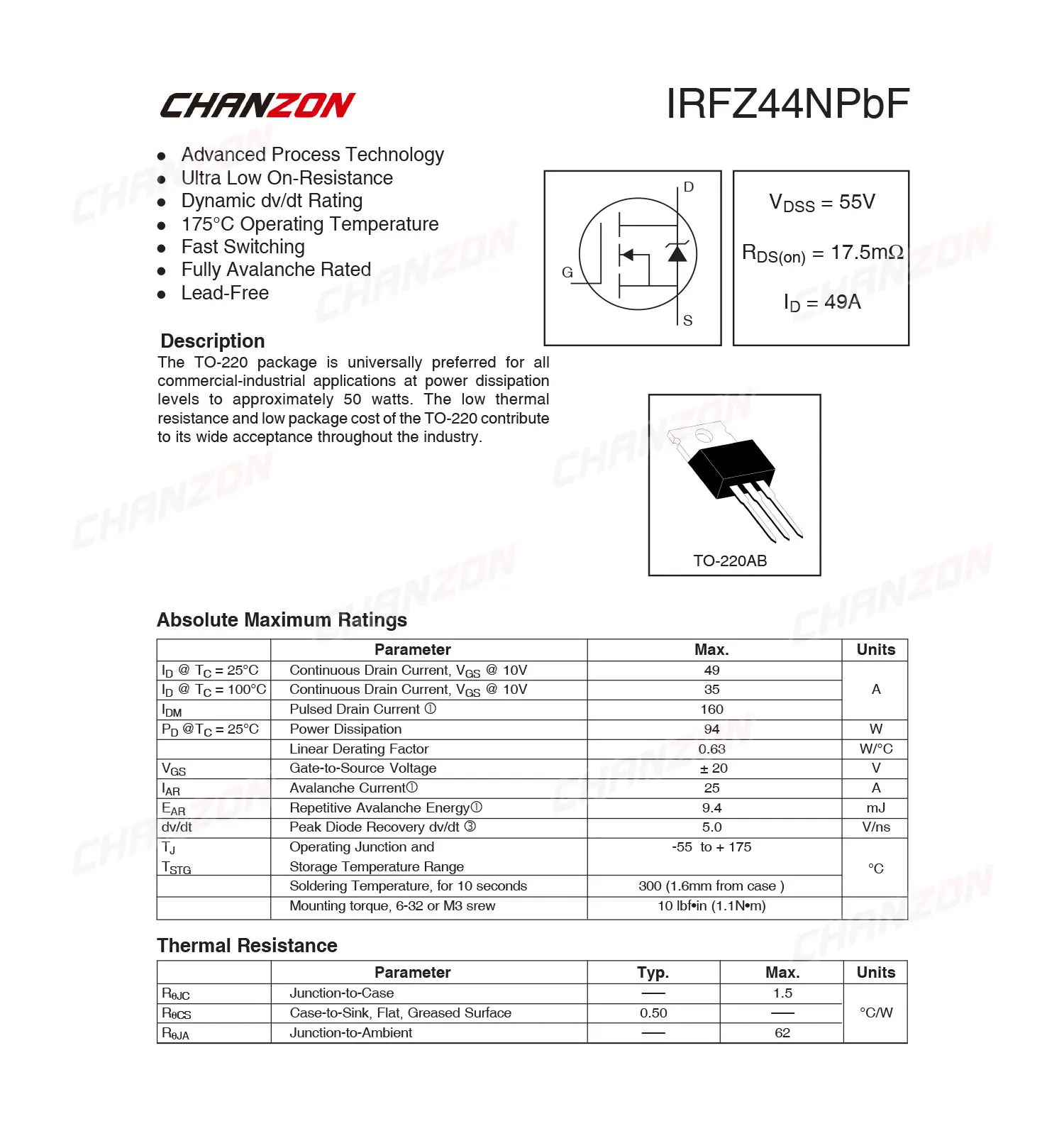 10Pcs IRFZ44N TO-220 Power SIC Mosfet Transistor Bipolar Junction BJT Powerful Triode Tube Fets DIP 49A 55V Integrated Circuits