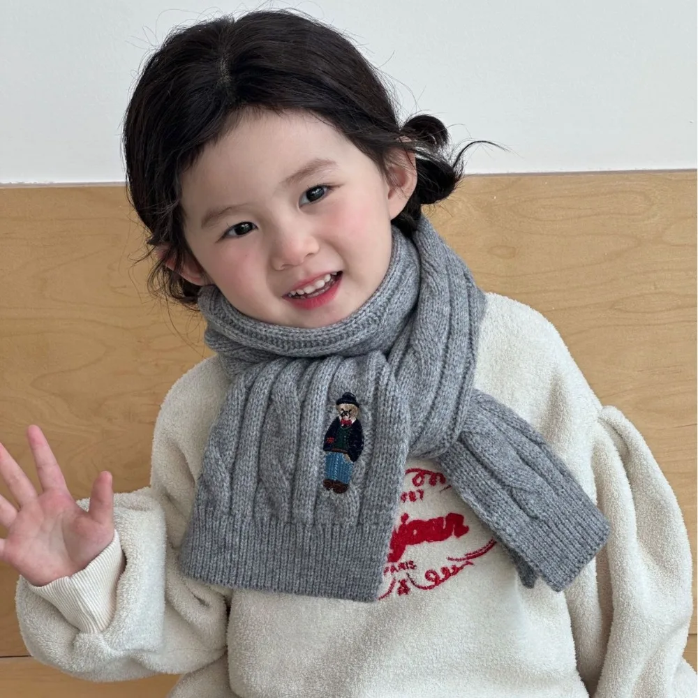 Thicken Children's Knitted Scarf Solid Color Keep Warm Infant Neckwarmers Bear Embroidery Children's Winter Scarf Kids