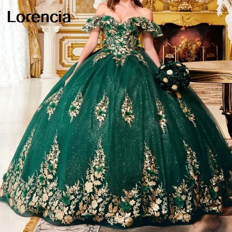 Customized Shiny Mexican Green Quinceanera Dress 2024 Ball Gown Gold Lace Applique Beading Sweet 16 Vestidos De 15 Años YQD905