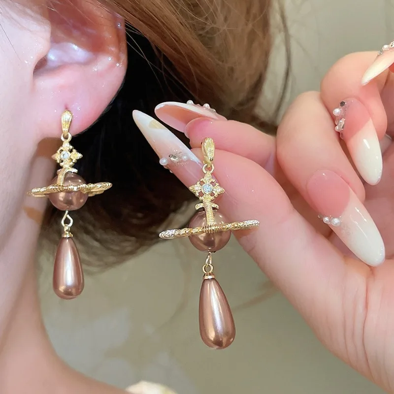 Minar New Luxury CZ Cubic Zirconia Simulated Pearl Water Drop Flower Long Dangle Earrings for Women 14K Real Gold Plated Copper