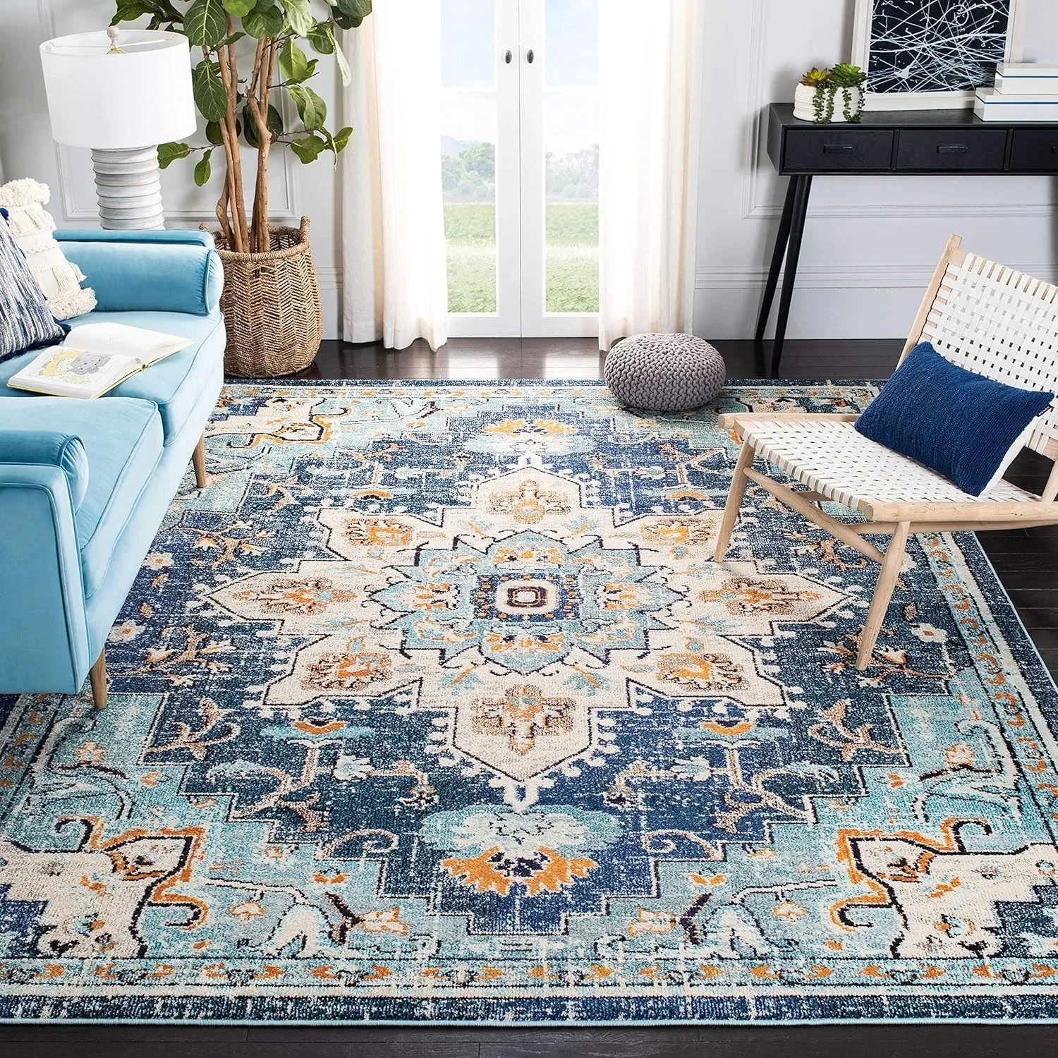 Madison Collection Area Rug - 10' x 14', Orange & Teal, Boho Chic Medallion Distressed Design, Non-Shedding & Easy Care, Ideal