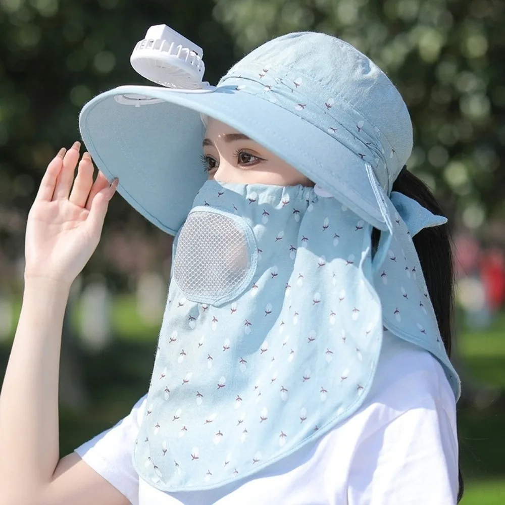 Windproof Electric Fan Bucket Hat With Neck Flap Full Face Cover Tea Picking Hat UV Protection Sunscreen Women Sun Hat Cycling