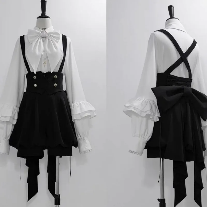 Prince Lolita Dress Vintage Elegance Gothic Y2k Suit Women White Bow Shirts Trailing Black Strap Mini Pants Set Party Outfit view 2