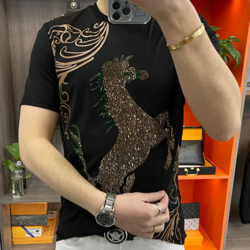 Summer Top O-neck Short Sleeve T-shirt Men Summer Men Tshirt Animal Rhinestones Tshirt Men Social Club Outfits Tee Shirt Homme