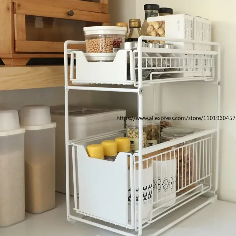 Black 2 Tier Sliding Cabinet Basket Spice Rack Sliding Basket Under Sink Cabinet Storage Shelf with 2 Extendable Baskets Drawer