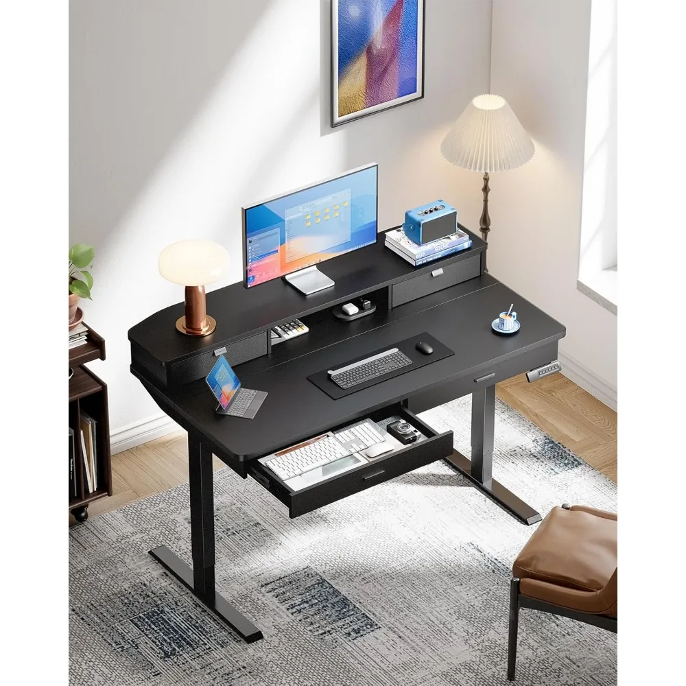 Scrivania ergonomica elettrica ad altezza regolabile con cassetti in legno e contenitore a due livelli per l'home office