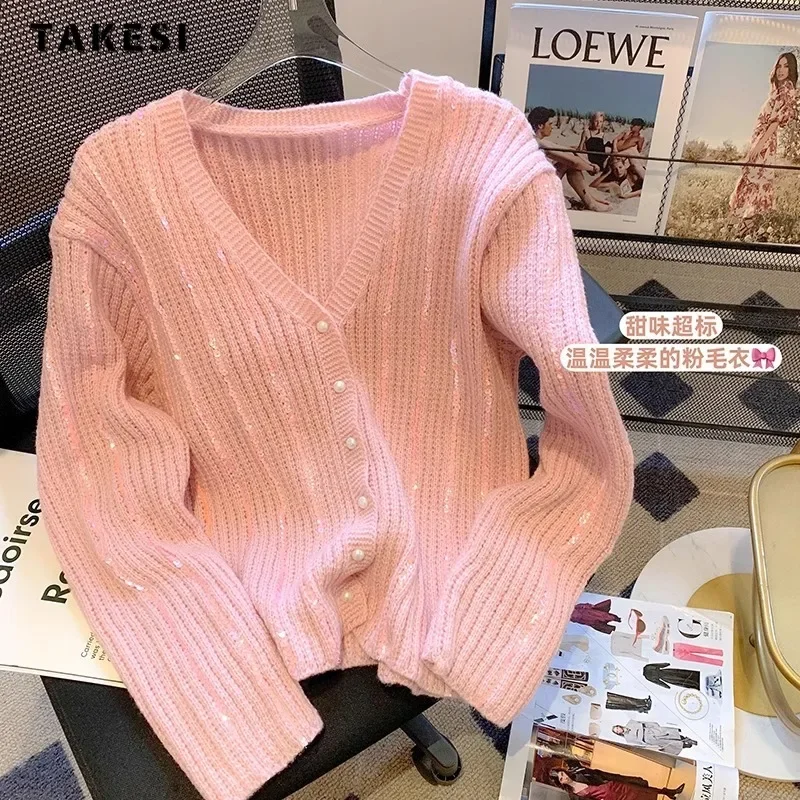 

Women Luxury Sweet Pink Knitting Long Sleeve V-Neck Cardigans 2023 Winter Korean Fashion Casual Elegant Single Breasted Sweater