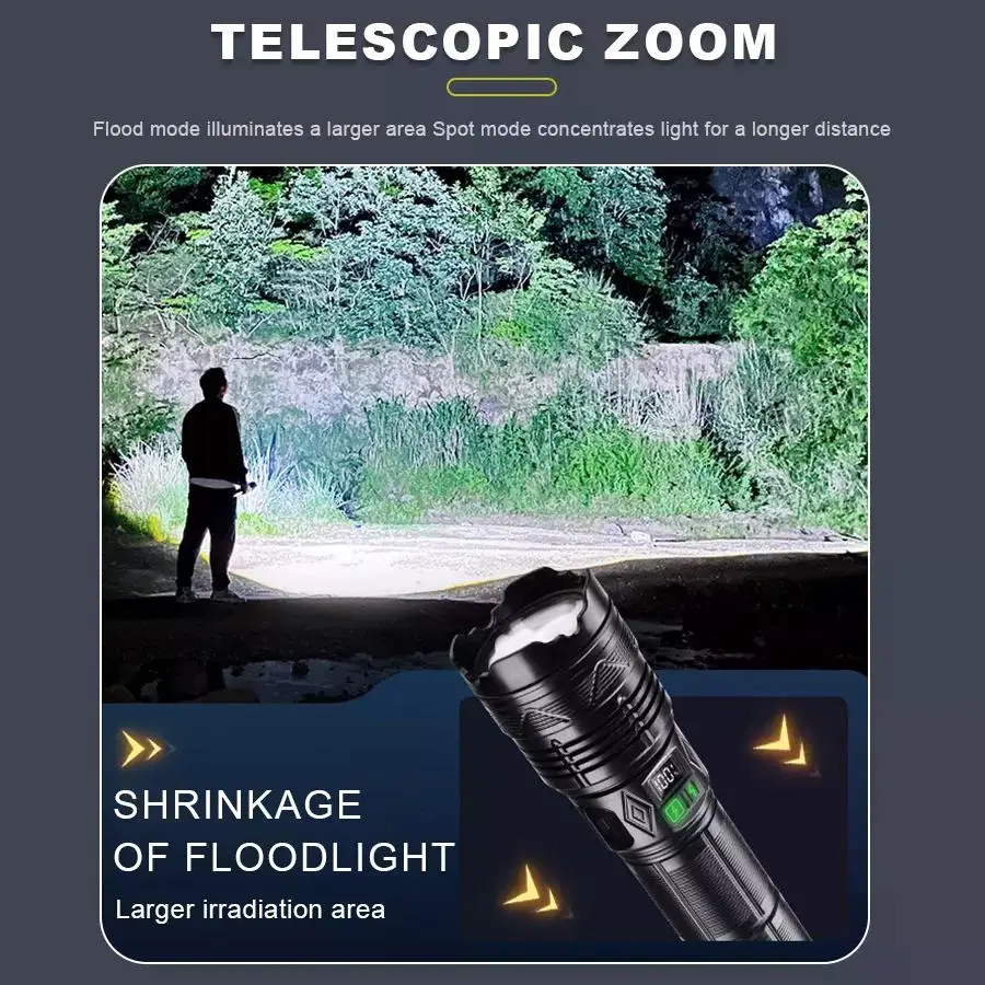 E2 High Power Long-range Flashlight Powerful Super Bright LED Zoom Lantern TYPE-C Rechargeable Tactical Camping Fishing Torch