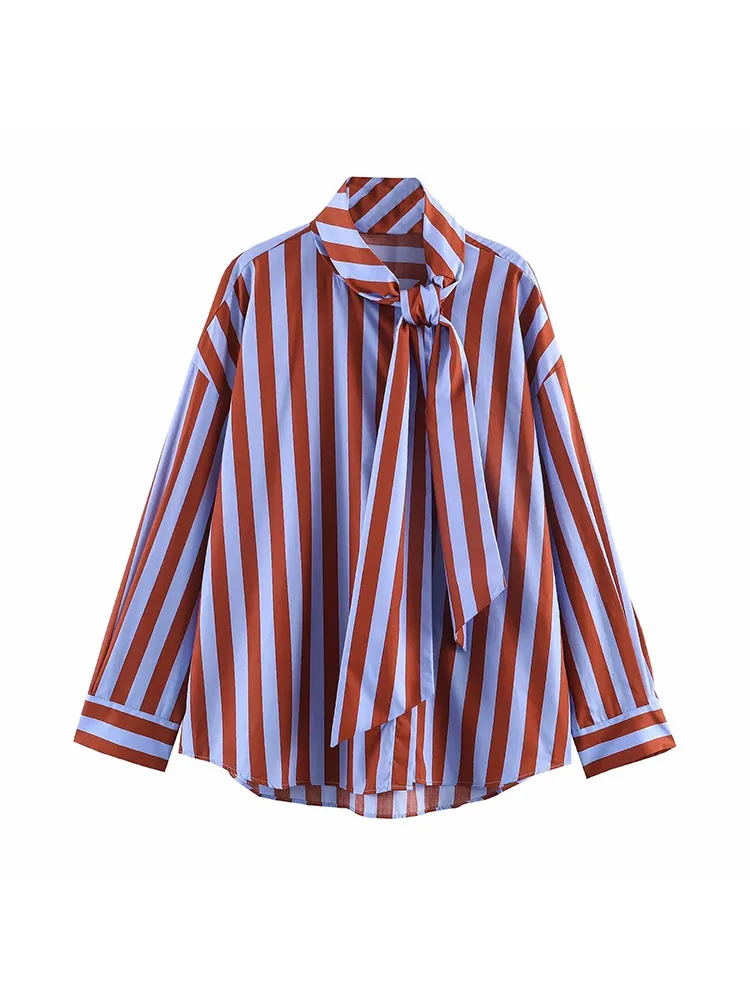 Trendy Vertical Stripe Blouse – Oversized Fit, Detachable Bow Scarf, Simple Casual Top for Women