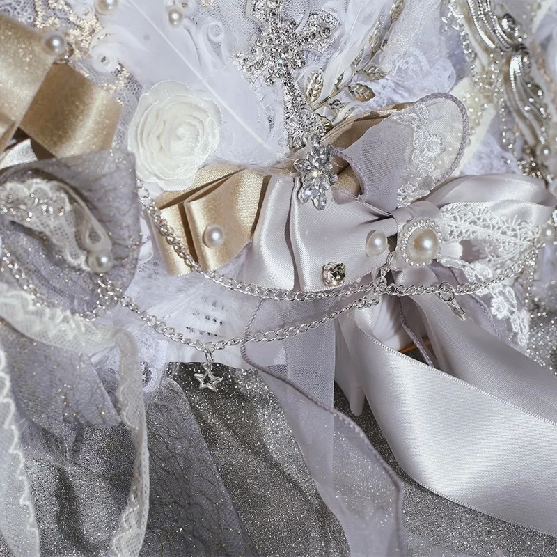 Lolita KC Hand Fan Sweet Girl Lace Bowknot Pearl Rose Flower Feather Folding Hand Fan Wedding Bride Party Decoration Gift