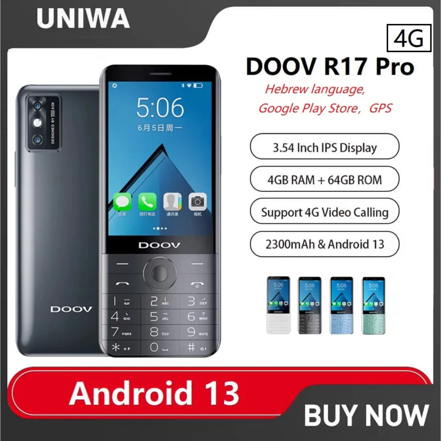UNIWA DOOV R17 Pro 4G Keypad Smart Phone 3.54'' 4GB 64GB Touch Screen Whatsapp Android 13 Phones 2300mAh Hebrew Keyboard Phone