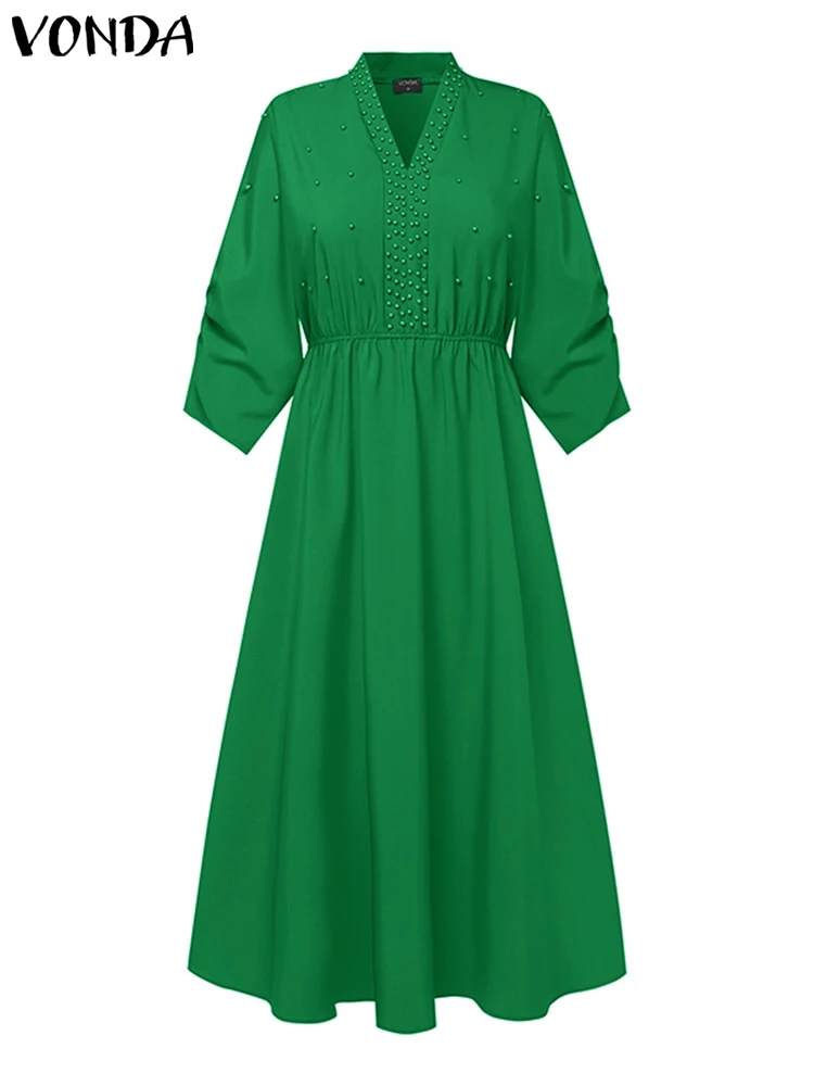 Plus Size VONDA Elegant Women Dress 2024 Vintage Three Quarter Sleeve Dress Solid Color Sundress Sexy V-Neck Loose Robe Vestidos