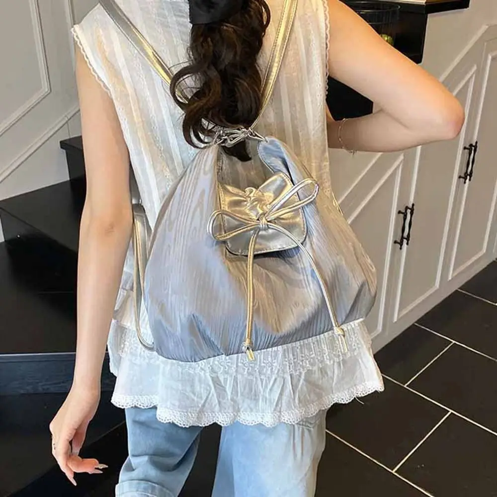 

Solid Color Silver Bow Backpack Large Capacity Versatile Balletcore Shoulder Bag Korean Style Versatile Handbag Women